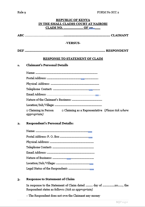 Response to Statement of Claim - Small Claims Court