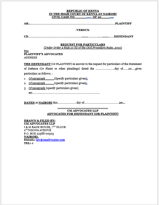 Answer to request for Particulars-O.2 Rule 10 (6) CPR, 2010