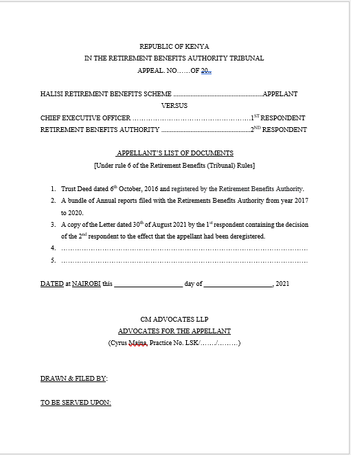 Appellants List of Documents
