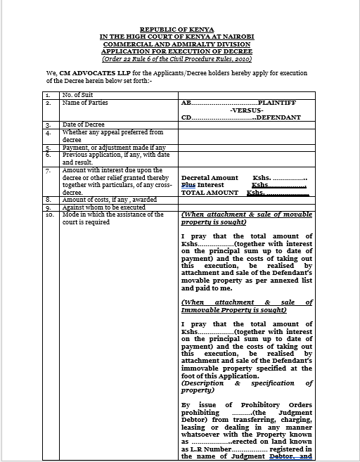 Application for execution of a decree