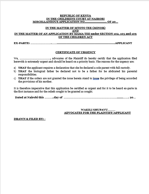 Application for sole custody-ex parte