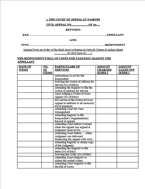Bill of Costs in the Court of Appeal