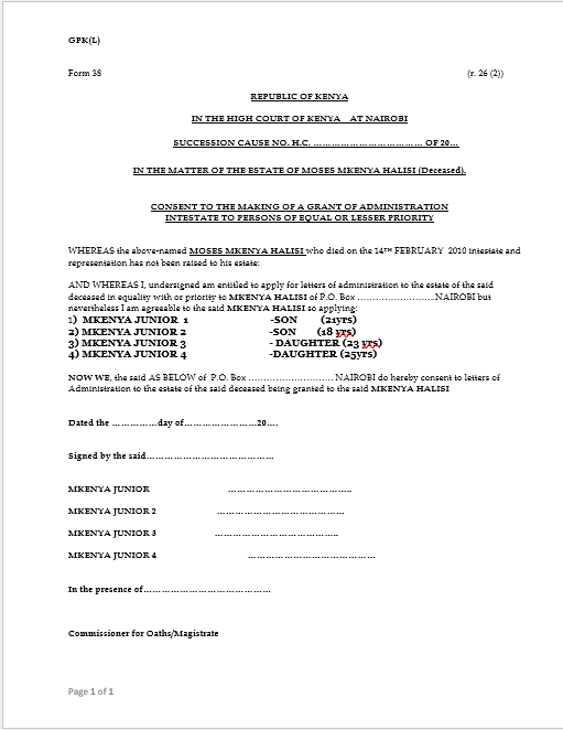 Consent To The Making Of A Grant Of Administration