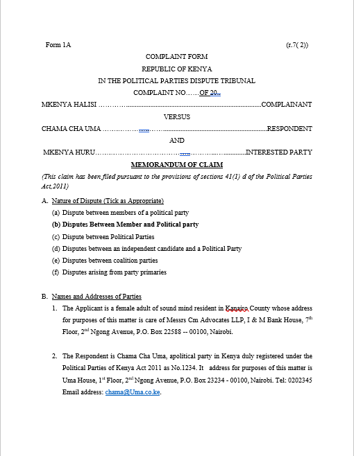 Memorandum of Claim