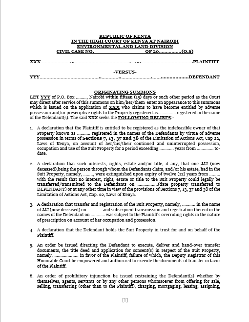 Originating Summons Application for Adverse Possession