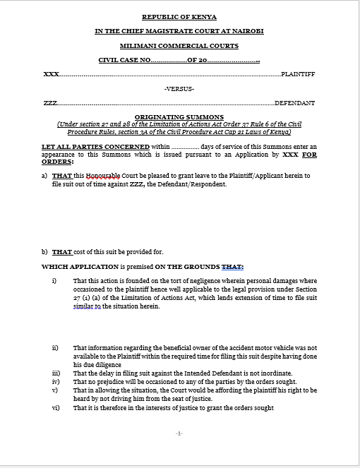 Originating Summons application to file suit out of time