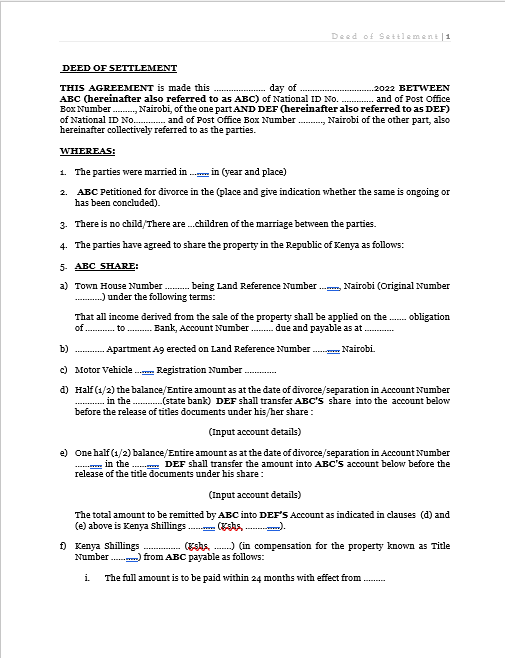Sample Deed of Settlement