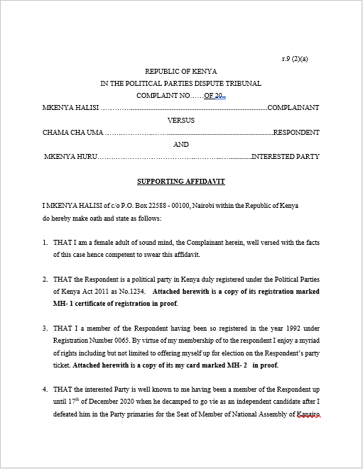 Supporting Affidavit to Memorandum of Claim